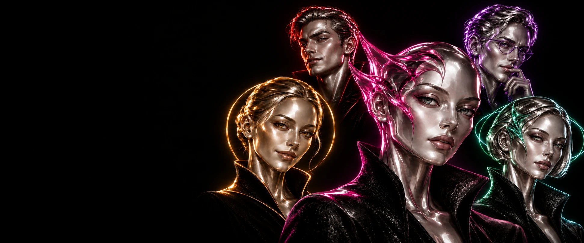 Команда Chrome Synths: пять хромированных ИИ-агентов в чёрных костюмах с цветными стеклянными акцентами